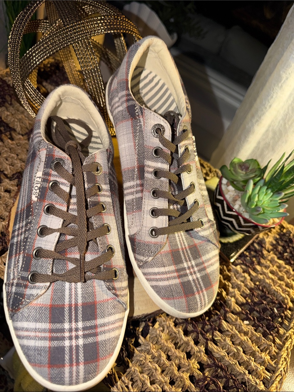 Taos Footwear Men’s Plaid Canvas Sneakers - Gray, Brown, Red